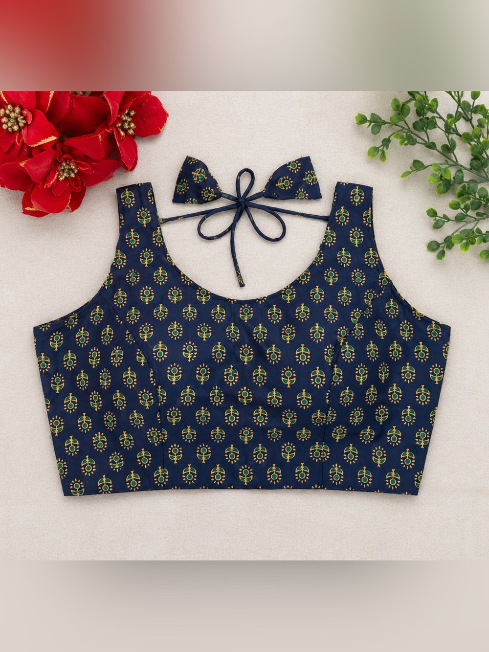 Brand new,Navy Floral Print Sleeveless blouse for saree,Bust - L(40”)